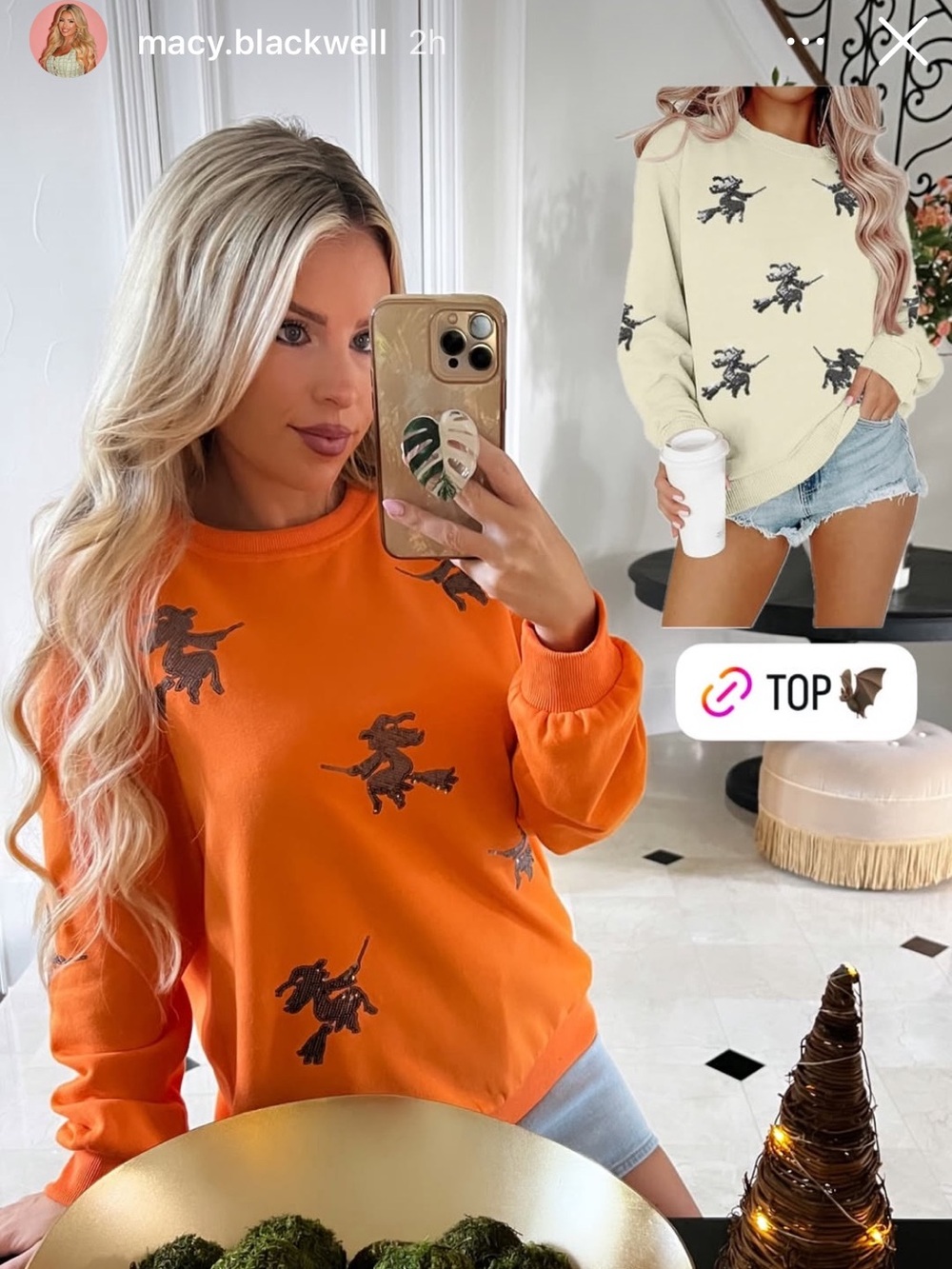 Amazon Orange Black Sequin Witch Sweatshirt Small Halloween